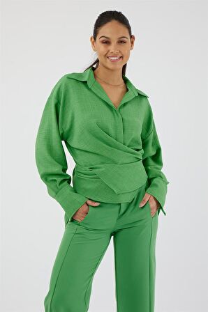 Etek Ucu Biyeli Belden Bağlanan Anvelop Uzun Kol Gizli Pat İlik Düğmeli Rahat Kalıp Elegant Gömlek