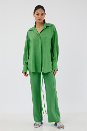 Etek Ucu Biyeli Belden Bağlanan Anvelop Uzun Kol Gizli Pat İlik Düğmeli Rahat Kalıp Elegant Gömlek