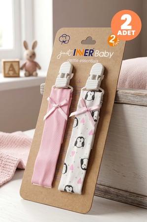 Just Inner Kız Bebek 2'li Pamuklu Emzik Askısı Klipsli Penguen Desenli Fiyonklu Güvenli ve Şık (6841