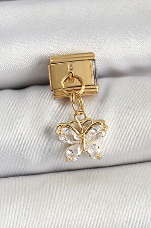 316L Çelik Sallantılı Zirkon Taşlı Kelebek Model Gold Renk Nomination Charm