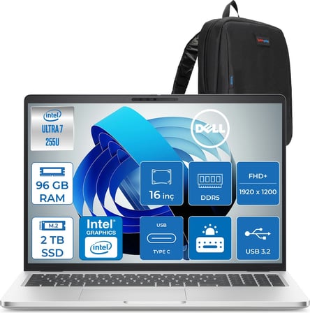 Dell Pro 16 Plus Intel Core Ultra 7 255U 5.2ghz 96GB Ddr5 2tb SSD Freedos Intel® Aı Boost 16 Inç IPS Fullhd+ (1920X1200) Taşınabilir Bilgisayar PB16250BTO105F39 + Zetta Çanta