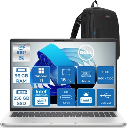 Dell Pro 16 Plus Intel Core Ultra 7 255U 5.2ghz 96GB Ddr5 256GB SSD Windows 11 Pro Intel® Aı Boost 16 Inç IPS Fullhd+ (1920X1200) Taşınabilir Bilgisayar PB16250BTO105P36 + Zetta Çanta