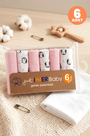 Just Inner Kız Bebek 6'lı Pamuklu Ağız Mendili Penguen Desenli Kutulu Set Nefes Alan Doku (684201)