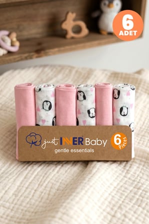 Just Inner Kız Bebek 6'lı Pamuklu Ağız Mendili Penguen Desenli Kutulu Set Nefes Alan Doku (684201)