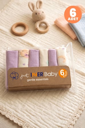 Just Inner Kız Bebek 6'lı Pamuklu Ağız Mendili Ayışığı Desenli Kutulu Set Nefes Alan Doku (684202)
