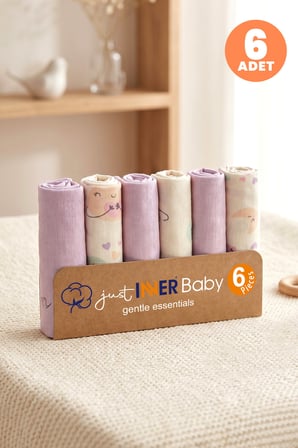 Just Inner Kız Bebek 6'lı Pamuklu Ağız Mendili Ayışığı Desenli Kutulu Set Nefes Alan Doku (684202)