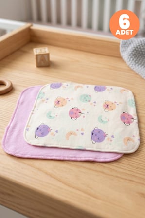 Just Inner Kız Bebek 6'lı Pamuklu Ağız Mendili Ayışığı Desenli Kutulu Set Nefes Alan Doku (684202)