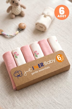 Just Inner Kız Bebek 6'lı Pamuklu Ağız Mendili Çiçekli Kutulu Set Nefes Alan Doku (684203)