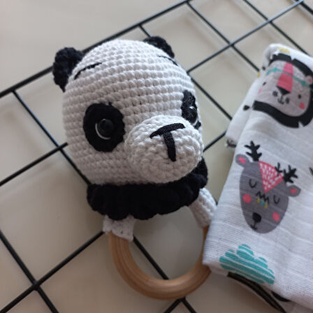 MARS BABY Bebek Amigurumi Örgü Çıngırak Panda Uyku Arkadaşı Müslin Örtü Seti