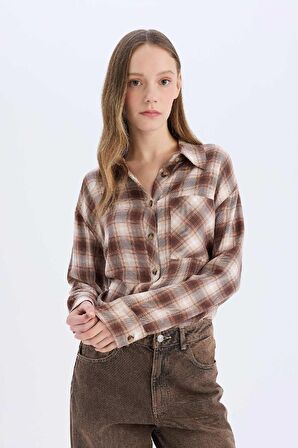 Coool Oversize Geniş Kalıp Kareli Cepli Uzun Kollu Gömlek