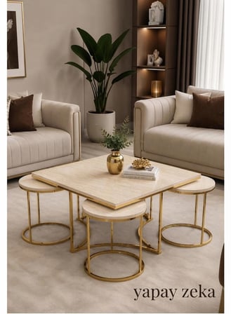 Star 4+1 Gold Treverten MDF Salon Orta Sehpa ve Yuvarlak Zigon Sehpa Takımı