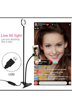  LED Işıklı Telefon Tutucu Tripod - Mini Halka Işık, Youtuber ve TikTok Makyaj Işığı, Mandallı