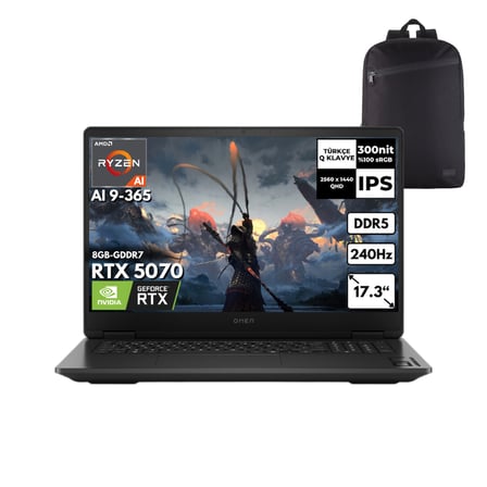 HP Omen 17-DB1020NT Ryzen AI 9-365 40-GBDDR5 4 TBSSD RTX5070 (8GB-GDDR7) 17.3" QHD 240Hz Windows 11 Home + QB Sırt Çantası CD5N0EAQB36