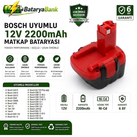 BataryaBank Bosch Uyumlu 12V 2200mAh Ni-MH Matkap Bataryası