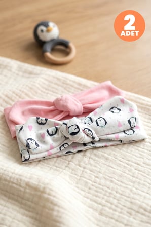 Just Inner Kız Bebek 2'li Pamuklu Bandana Bere Penguen Desenli Fiyonklu Esnek ve Konforlu (684601)