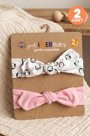 Just Inner Kız Bebek 2'li Pamuklu Bandana Bere Penguen Desenli Fiyonklu Esnek ve Konforlu (684601)