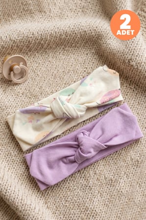 Just Inner Kız Bebek 2'li Pamuklu Bandana Bere Ayışığı Desenli Fiyonklu Esnek ve Konforlu (684602)