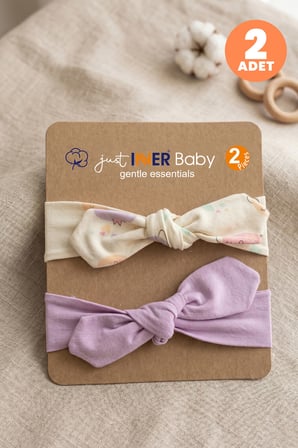 Just Inner Kız Bebek 2'li Pamuklu Bandana Bere Ayışığı Desenli Fiyonklu Esnek ve Konforlu (684602)
