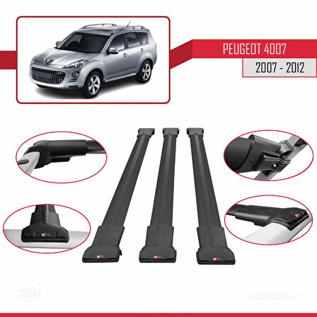 Peugeot 4007 2007-2012 Arası ile Uyumlu FLY Model Ara Atkı Tavan Barı Siyah 3 Adet