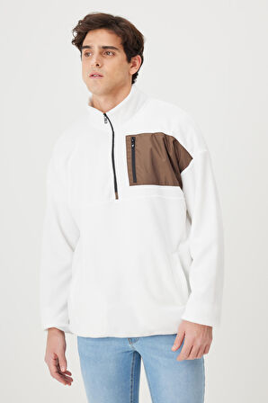 Erkek Beyaz Oversize Bol Kesim Bato Yaka Cep Detaylı Fermuarlı Soğuk Geçirmez Polar Sweatshirt