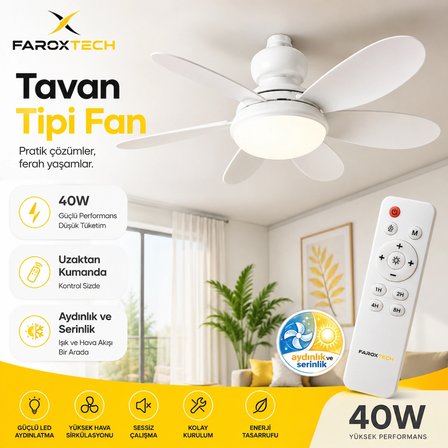 FaroxTech 40W LED Aydınlatmalı Tavan Vantilatörü – Uzaktan Kumandalı, 6 Kademeli, 3 Renk Işık Modlu