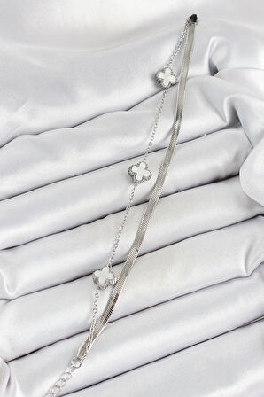 316L Çelik Gümüş Renk Beyaz Yoncalı 2'li Kadın Bileklik