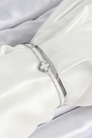 316L Çelik Gümüş Renk Beyaz Yoncalı 2'li Kadın Bileklik