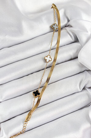 316L Çelik Gold Renk Siyah ve Beyaz Yoncalı İtalyan Zincirli 2'li Kadın Bileklik