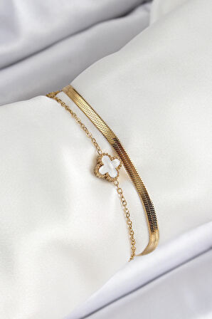 316L Çelik Gold Renk Siyah ve Beyaz Yoncalı İtalyan Zincirli 2'li Kadın Bileklik