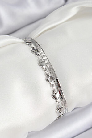 316L Çelik Gümüş Renk Kalpli Zincir ve İtalyan Zincirli 2'li Kadın Bileklik