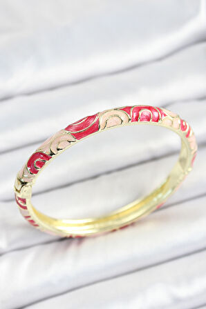 Mineli Pirinç Kırmızı Pembe Sarmal Desenli Gold Renk Kadın Kelepçe