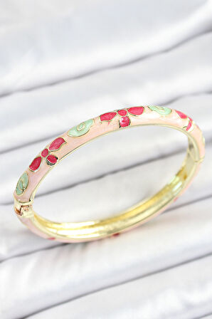 Mineli Pirinç Beyaz Pembe Yeşil Çiçek Desenli Gold Renk Kadın Kelepçe