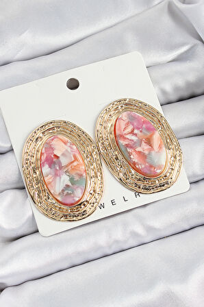Pirinç Mermer Desenlli Pembe Sedef Oval Vintage Model Gold Renk Kadın Küpe