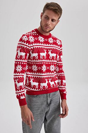 DeFacto Standart Fit Yılbaşı Temalı Bisiklet Yaka Triko Kazak B2356AX23WNRD292