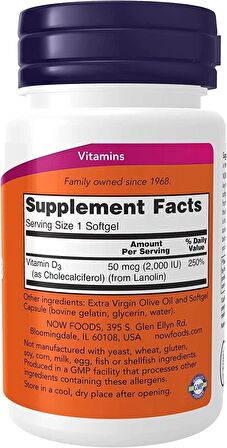 NOW Foods Vitamin D3 50 mcg (2,000 IU), 30 Softgels