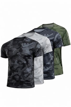 4'Lü Erkek Nem Emici Hızlı Kuruma Atletik Teknik Kamuflaj Desenli Spor T-shirt Siyah-Gri-Lacivert-Haki
