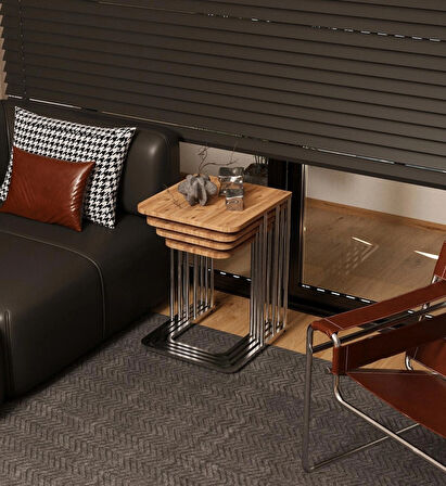 Ceylin 4lü Zigon Sehpa Mdf Tekerlekli Gümüş Ayak Atlantik Çam