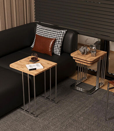 Ceylin 4lü Zigon Sehpa Mdf Tekerlekli Gümüş Ayak Atlantik Çam