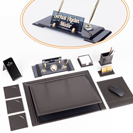 10 Parça Eskitme Desenli Antrasit Deri Sümen Takımı ve Kristal Masa İsimliği Ofis Masa Sümen Seti