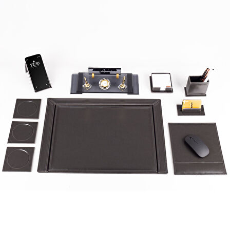 10 Parça Eskitme Desenli Antrasit Deri Sümen Takımı ve Kristal Masa İsimliği Ofis Masa Sümen Seti