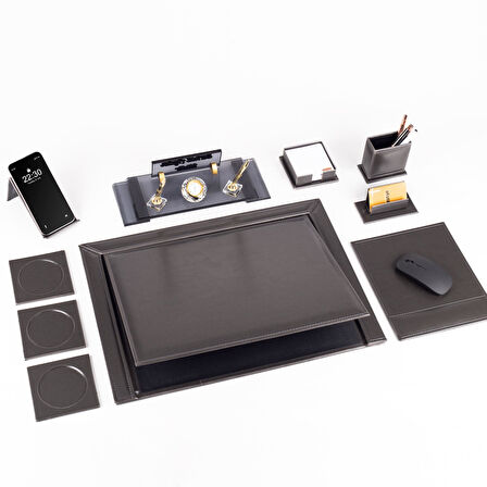 10 Parça Eskitme Desenli Antrasit Deri Sümen Takımı ve Kristal Masa İsimliği Ofis Masa Sümen Seti