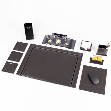 10 Parça Eskitme Desenli Antrasit Deri Sümen Takımı ve Kristal Masa İsimliği Ofis Masa Sümen Seti