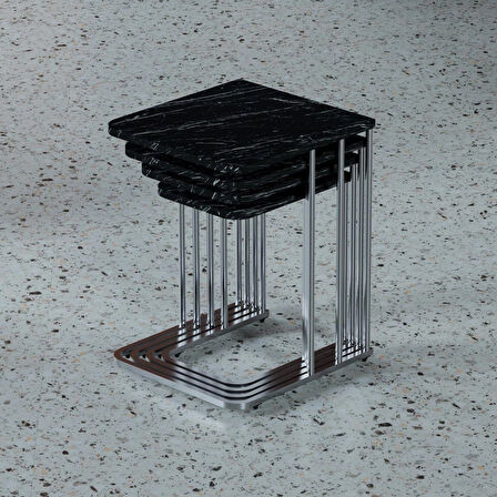 Ceylin 4lü Zigon Sehpa Mdf Tekerlekli Gümüş Ayak Siyah Mermer