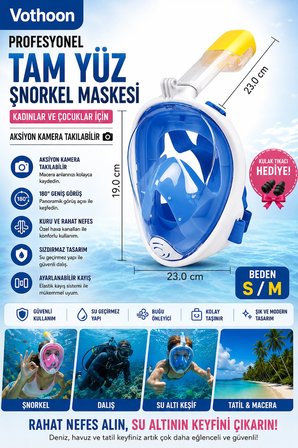 Tam Yüz Şnorkel Maskesi Dalış Maskesi Kadınlar Çocuklar İçin Kulak Tıkacı Hedıye S/M Mavi
