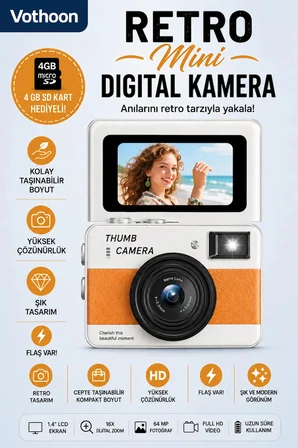 Retro Mini Dijital Kamera 1080P 1.47 İnç Flip Ekranlı Flaşlı Selfie Vlog Kamerası 4GB SD Hediyeli