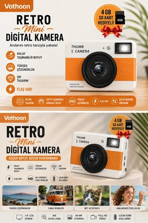 Retro Mini Dijital Kamera 1080P 1.47 İnç Flip Ekranlı Flaşlı Selfie Vlog Kamerası 4GB SD Hediyeli