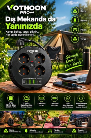 4’lü Priz Makarası 2 Metre Kablolu, 2 USB-A + 2 USB-C Şarj Çıkışlı, Açma/Kapama Düğmeli, 2200W 10A