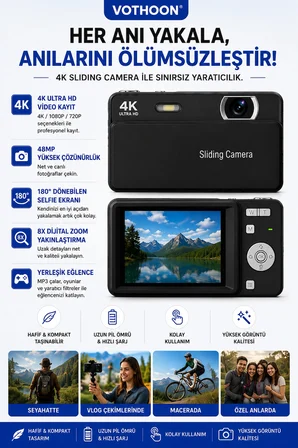 Dijital Kamera 4K HD 48MP 16X Zoom Flaşlı Kayar Retro Video Kamera 2.8" Ekran 64GB SD Kart Hediyeli