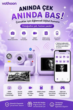 Çocuk Anında Baskılı Fotoğraf Makinesi 16MP Dijital Kamera 1080P Video WiFi Telefon Destekli