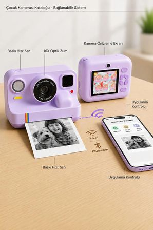 Çocuk Anında Baskılı Fotoğraf Makinesi 16MP Dijital Kamera 1080P Video WiFi Telefon Destekli